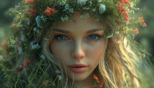 Hout elf met een krans van haar bedekt met bloemen