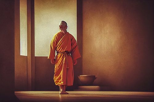 Boeddhistische monnik in de tempel, illustratie