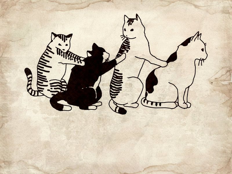 Bathing Japanese Cats Antique by Mad Dog Art