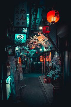Rue avec des restaurants et des lanternes à Shinjuku sur Mickéle Godderis