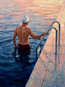 Ruhige Reflexion am Pool bei Sonnenaufgang