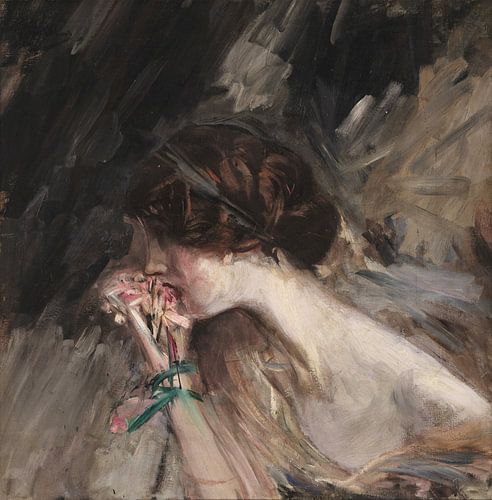 Borstbeeld van een jonge vrouw met een bloem (Anjermeisje; Jeanne), Giovanni Boldini