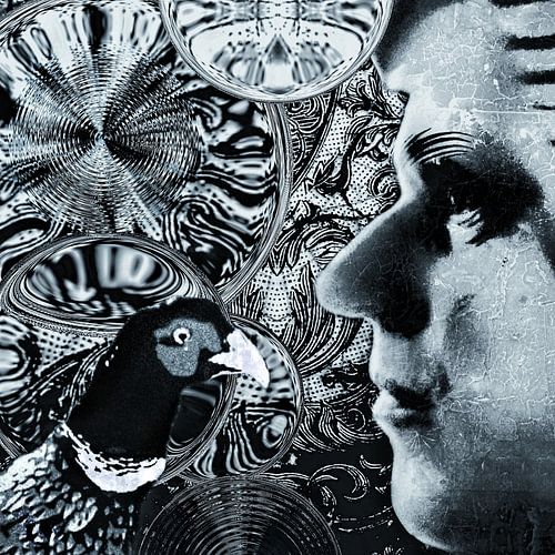 Zelfportret als etalagepop met fazant en bubbels