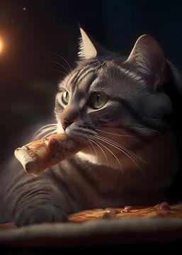 Poes die pizza eet poster van Steven Kingsbury