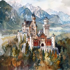 Schloss Berge Aquarell Wald  Märchen Magie Traumwelt
