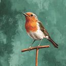 Roodborst vogel op een tak lichte groene kleuren van TheXclusive Art thumbnail