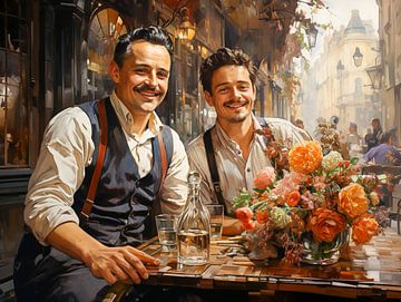 Two smiling men from the 1920s in a cafeteria on the European town square by Animaflora PicsStock
