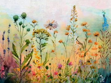 Prairie de fleurs sauvages naturelles par une journée ensoleillée sur Studio Pieternel