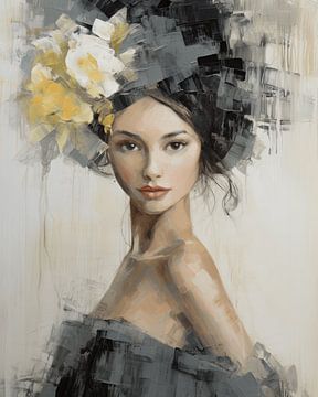 Modern and abstract portrait in white, yellow and grey by Carla Van Iersel