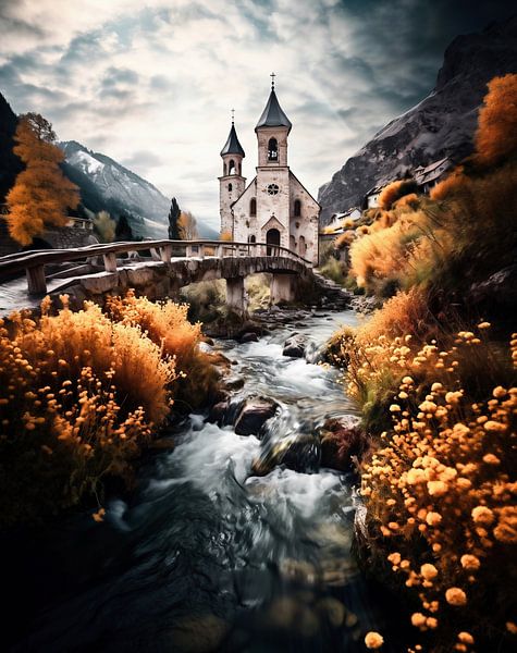 Kerk bij de rivier van fernlichtsicht