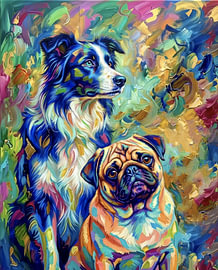 Colour-loving Pug and Border Collie by Tine Rojek