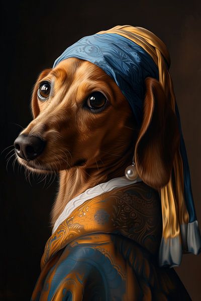 Dachshund with the pearl - Vermeer 2 by Marianne Ottemann - OTTI