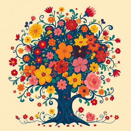 Whimsical Tree of Life: A Vibrant & Colorful Floral Illustration