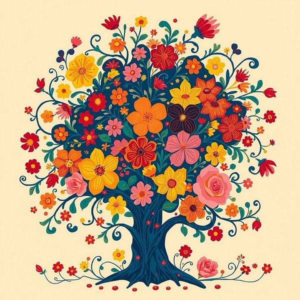 Whimsical Tree of Life: A Vibrant &amp; Colorful Floral Illustration by Artistic