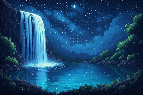 Betoverende waterval onder een sterrenhemel