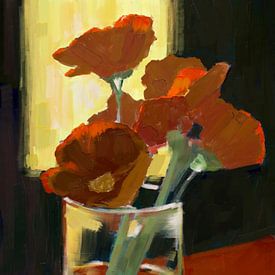 Flower painting, red and yellow. Clair obscur. by Hella Maas