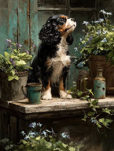 Cavalier King Charles-spaniël op de veranda