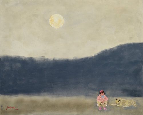 Fille et chien au clair de lune