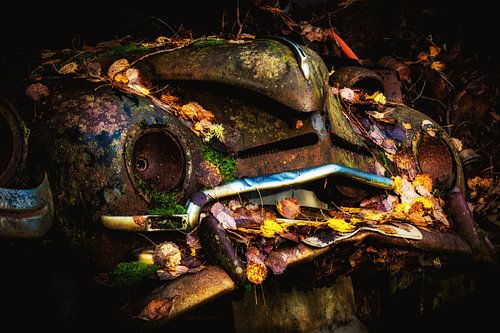 Metaalschroot met herfstbladeren