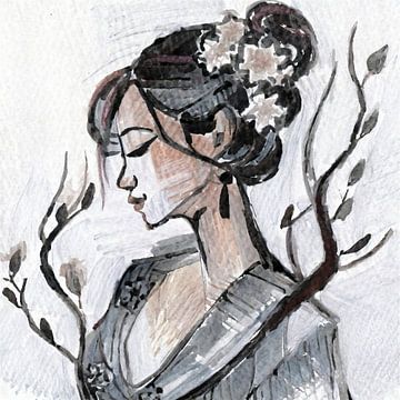 Portret van jonge Aziatische vrouw - potloodschets van Jan Bouma