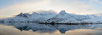 Sonnenuntergang über einem ruhigen See im Winter auf den Lofoten in Norwegen