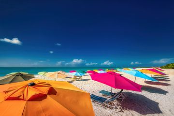 Kleurrijke parasols op het strand van Aruba in het Caribisch gebied. van Voss Fine Art Fotografie