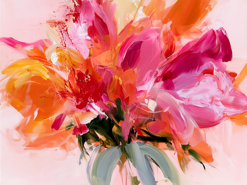 Fleurs abstraites et expressives dans des tons rose-orange