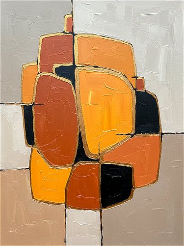 Minimalistisch en abstract schilderij in oranje, zwart en beige tinten