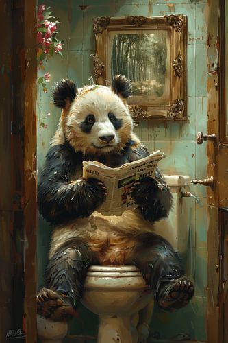Gezellige badkamer met lezende panda - Unieke WC-poster