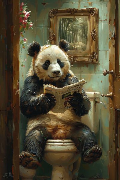 Gemütliches Badezimmer mit lesendem Panda - Einzigartiges WC Poster von Poster Art Shop