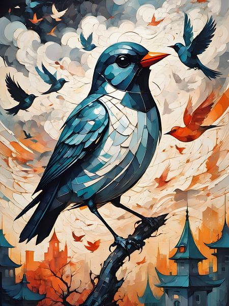Abstracte vogel in levendig stadslandschap van Bart Veeken
