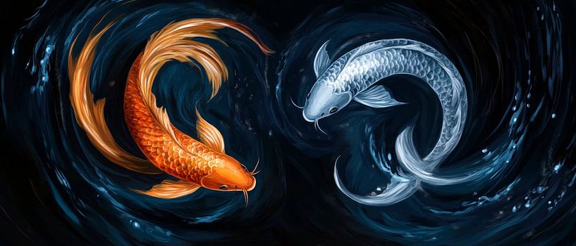 Koi fish in dance - play of colours on water by Poster Art Shop
