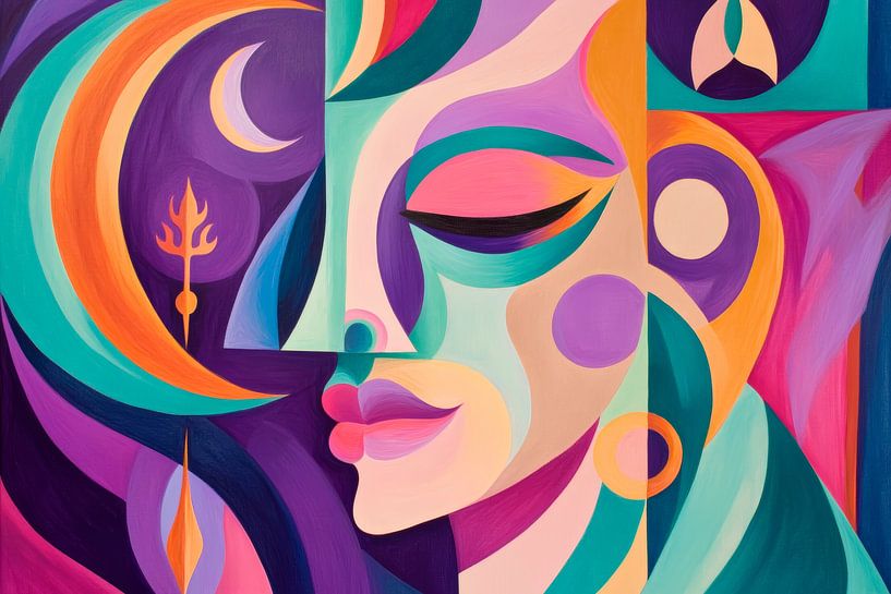 Coloured facial illustation with moon motifs by Poster Art Shop