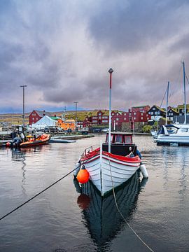 Boten in de haven van de stad Tórshavn op de Faeröer van Rico Ködder