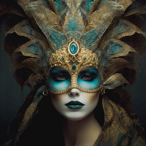 Vrouwenportret met turkoois gouden masker van Vlindertuin Art