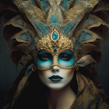 Porträt einer Frau mit türkisfarbener Goldmaske von Vlindertuin Art