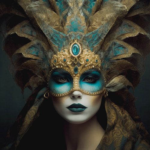 Portrait of woman with turquoise gold mask by Vlindertuin-Art
