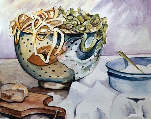 Watercolor with cheerful bowl of pasta