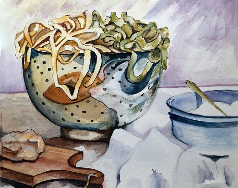 Watercolor with cheerful bowl of pasta by W J Kok