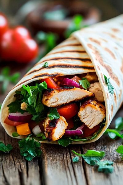 Leckeres Hähnchen-Wrap mit frischem Gemüse von Poster Art Shop