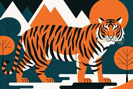 Tigre au soleil et montagnes