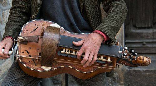 Close up of the historic stringed instrument a hurdy-gurdy