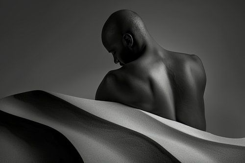 sober portret in landschap in zwartwit