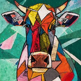 Peinture abstraite d'une vache dans un style cubiste - Art moderne coloré sur Arjen Roos