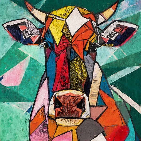 Abstract Cow Painting in Cubist Style - Colourful Modern Art by Arjen Roos