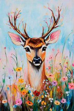 Hert in een veld vol bloemen - Kleurrijk van Poster Art Shop