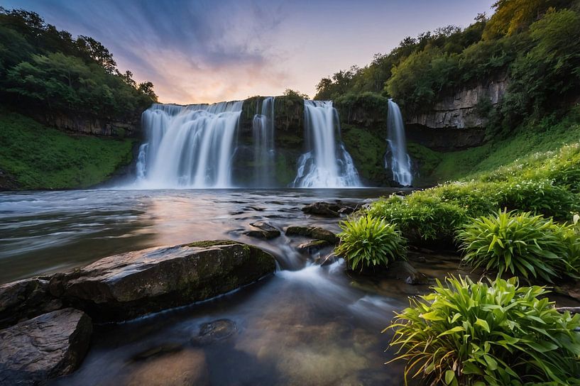 Serene waterval bij zonsondergang van Art & Soul Creations