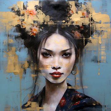 Aziatische vrouw in goud en blauw, abstract modern van Lauri Creates
