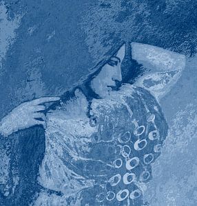 Vieux portrait d'une jeune femme en bleu et blanc sur Dina Dankers