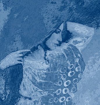Vintage portret van een jonge vrouw in blauw en wit van Dina Dankers